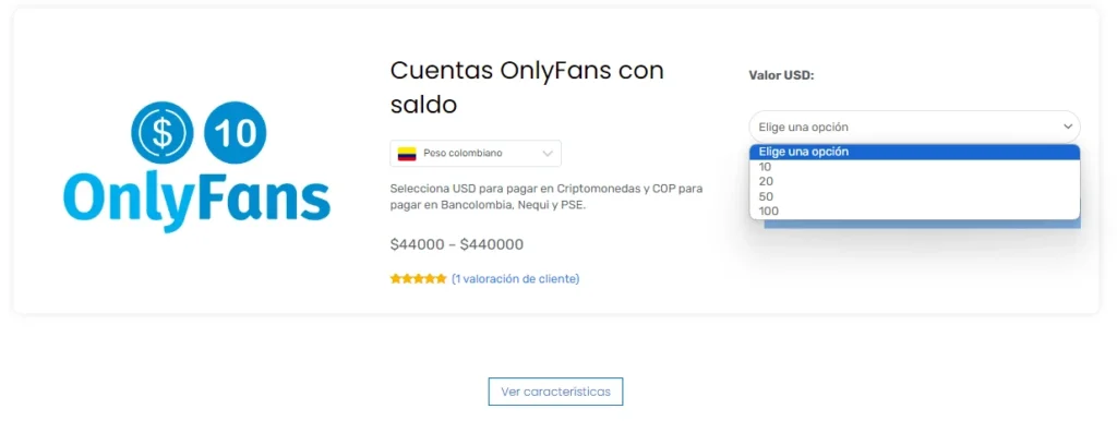 Seleccionar el valor en USD para recargar OnlyFans con Nequi