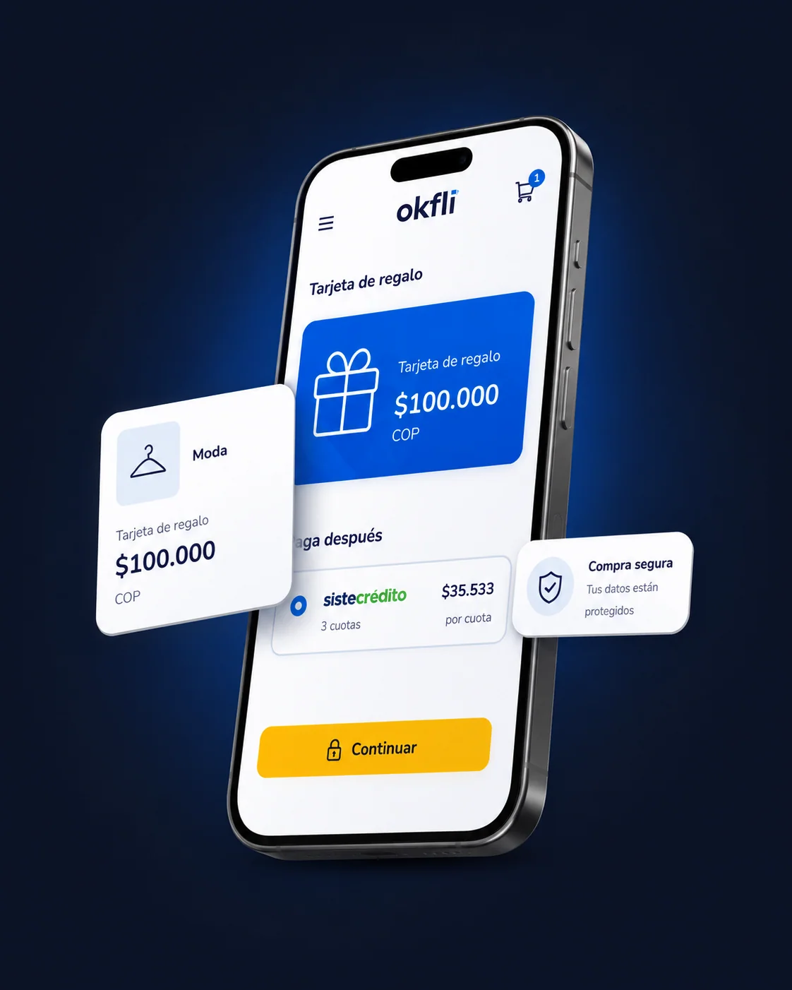 Plataforma Okfli para comprar tarjetas regalo con opciones de pago a cuotas