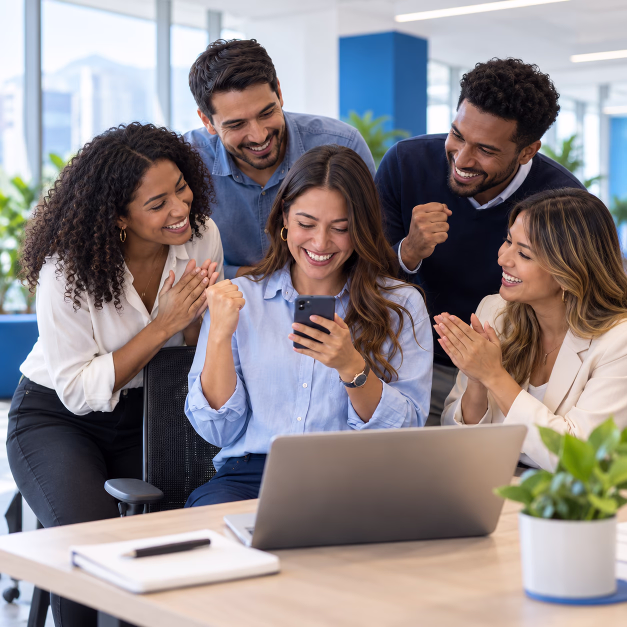 Equipo comercial celebrando en la oficina mientras una compañera revisa su celular